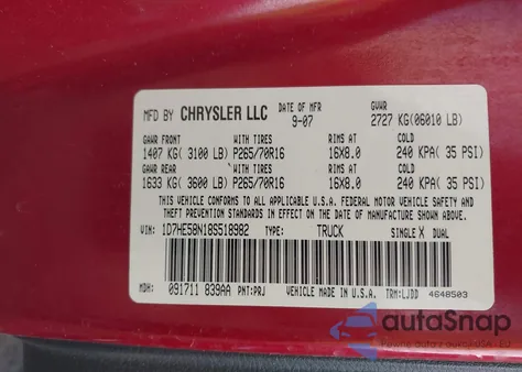 2008 Dodge Dakota Laramie z USA, uszkodzony, nr VIN 1D7HE58N18S518982